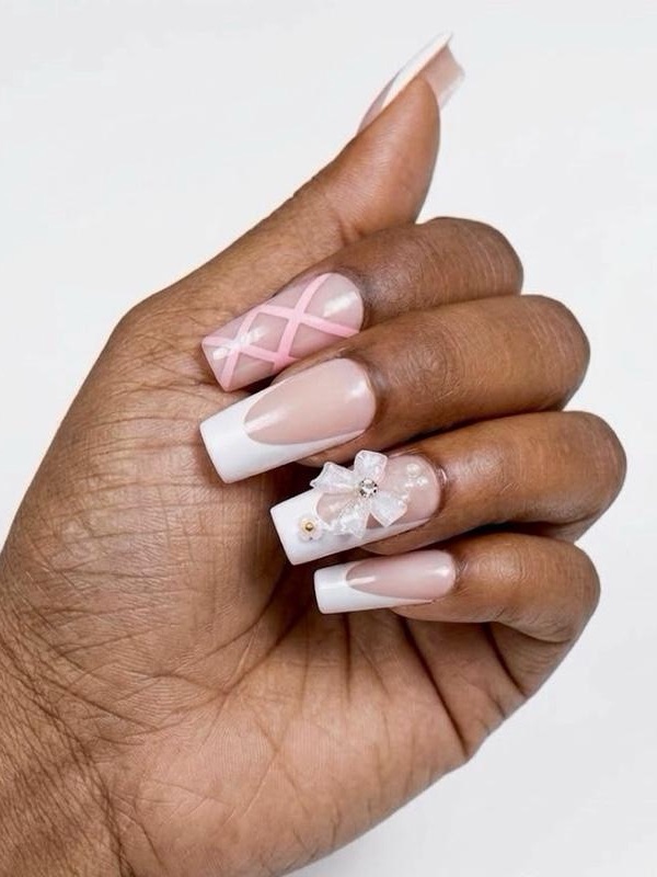 Chic Pink & White Bridal Acrylic Nail Set